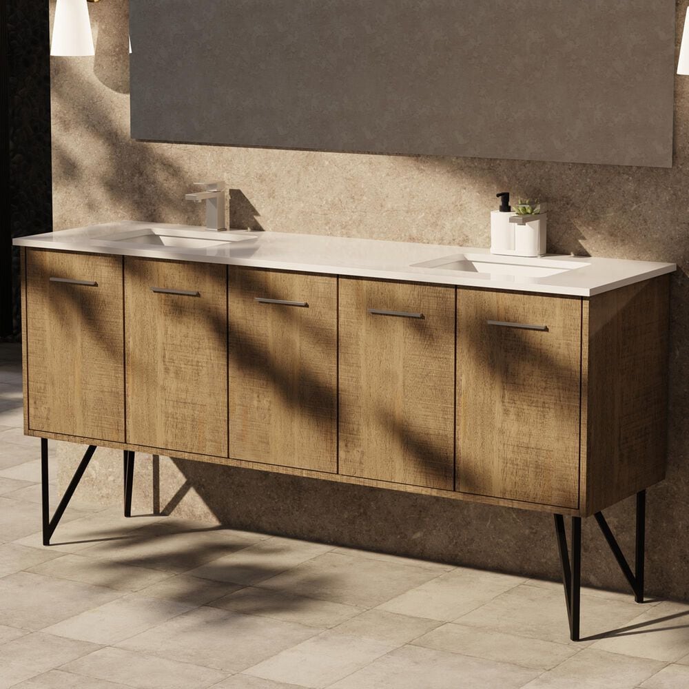 Lexora Home Lancy 72" Double Bathroom Vanity in Rustic Acacia with 2 cm White Cultured Marble Top and Rectangular Sinks, , large