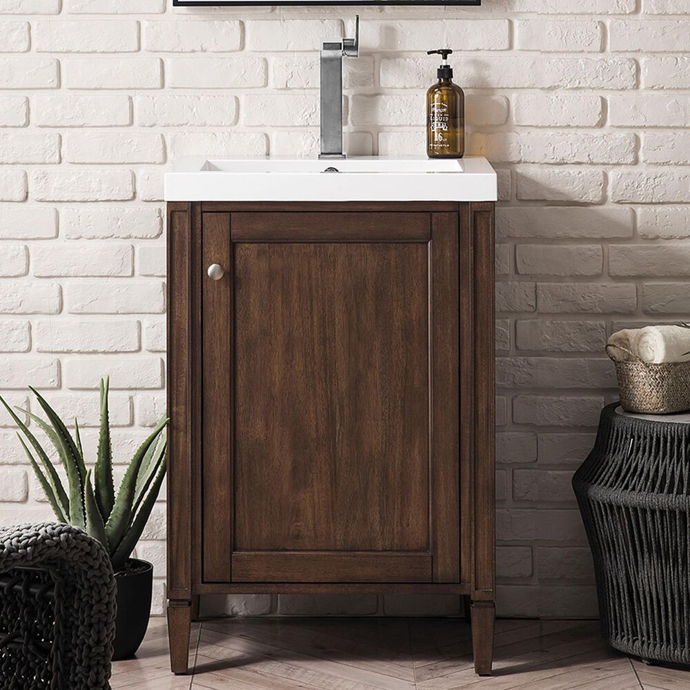 James Martin Vanities Britannia 24&quot; Single Bathroom Vanity in Mid Century Acacia with 3.5 cm White Glossy Resin Top and Rectangular Sink, , large