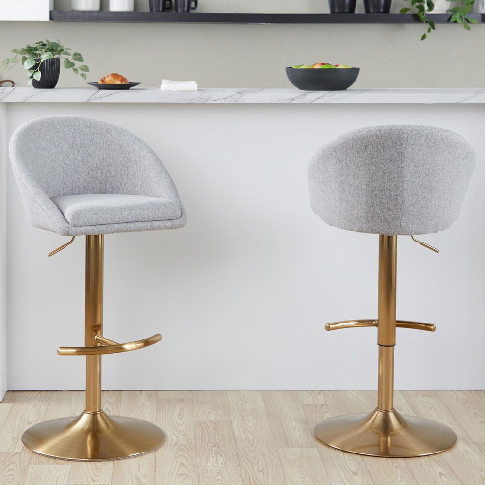 LumiSource Matisse Adjustable Swivel Barstool with Grey Fabric Upholstery in Gold (Set of 2), , large