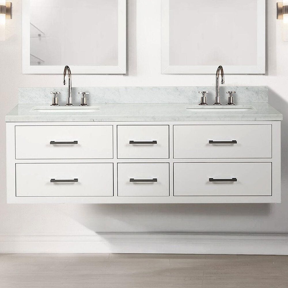 Lexora Home Castor 60" Double Bathroom Vanity in White with 2 cm White Carrara Marble Top and Rectangular Sinks, , large
