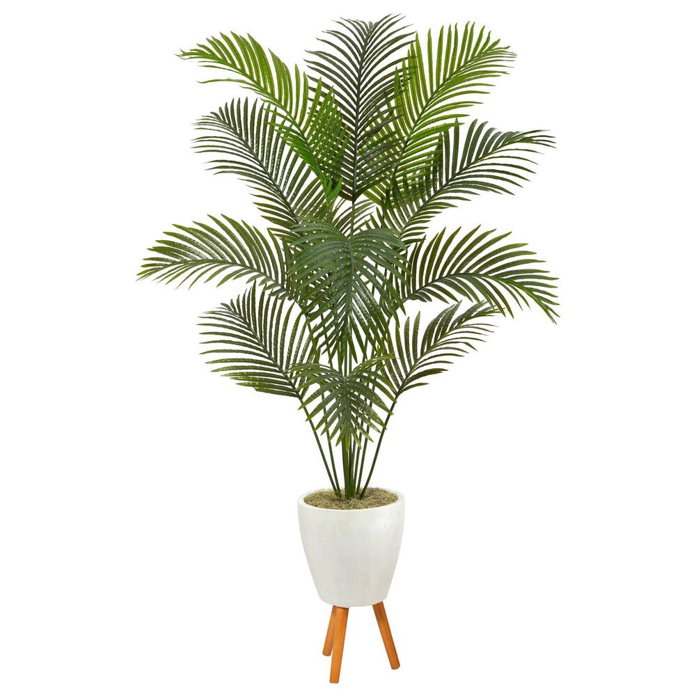 Nearly Natural Inc 6.5" Golden Cane Artificial Palm Tree in White Planter, , large