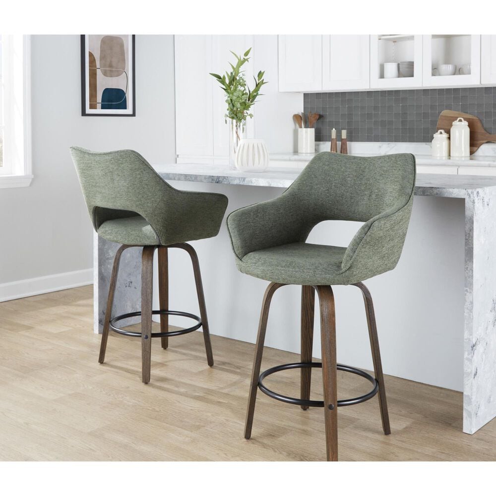 LumiSource Mustang 26" Swivel Counter Stool with Green Fabric Upholstery in Glazed Walnut and Black (Set of 2), , large