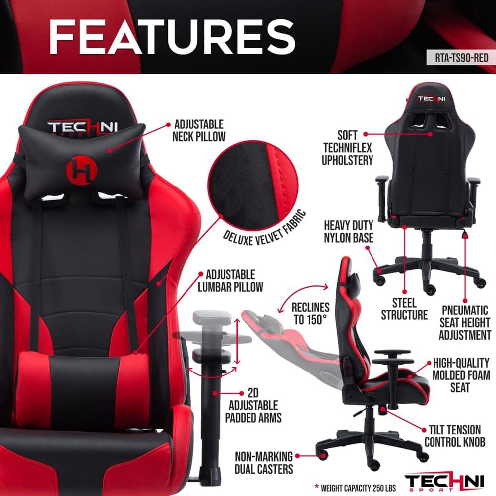 Techni Sport ProGamer2 Gaming Chair in Red and Black, , large