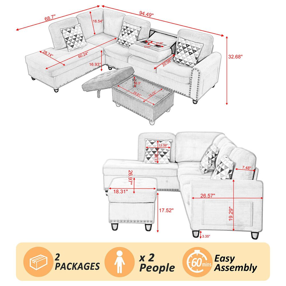 HOMLUX 94.49" L-Shaped Modular Sectional Sofa with Storage Ottoman and Cup Holders in Green, , large