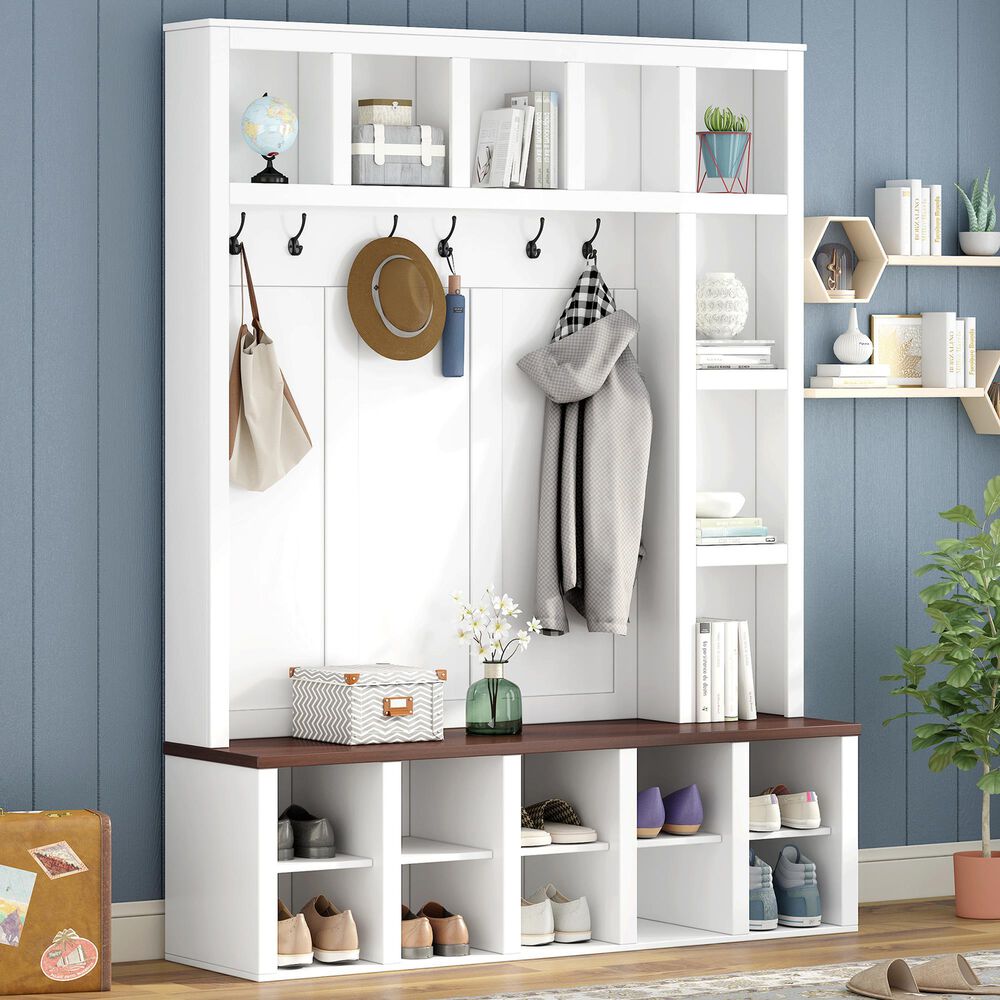 HOMLUX 6-Hook Hall Tree with Cubbies in White, , large