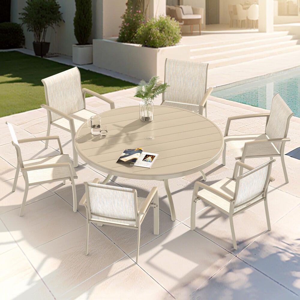 Hearth and Haven 7-Pieces Outdoor Dining Set with Stackable Chairs and Round Table in Sandstone, , large