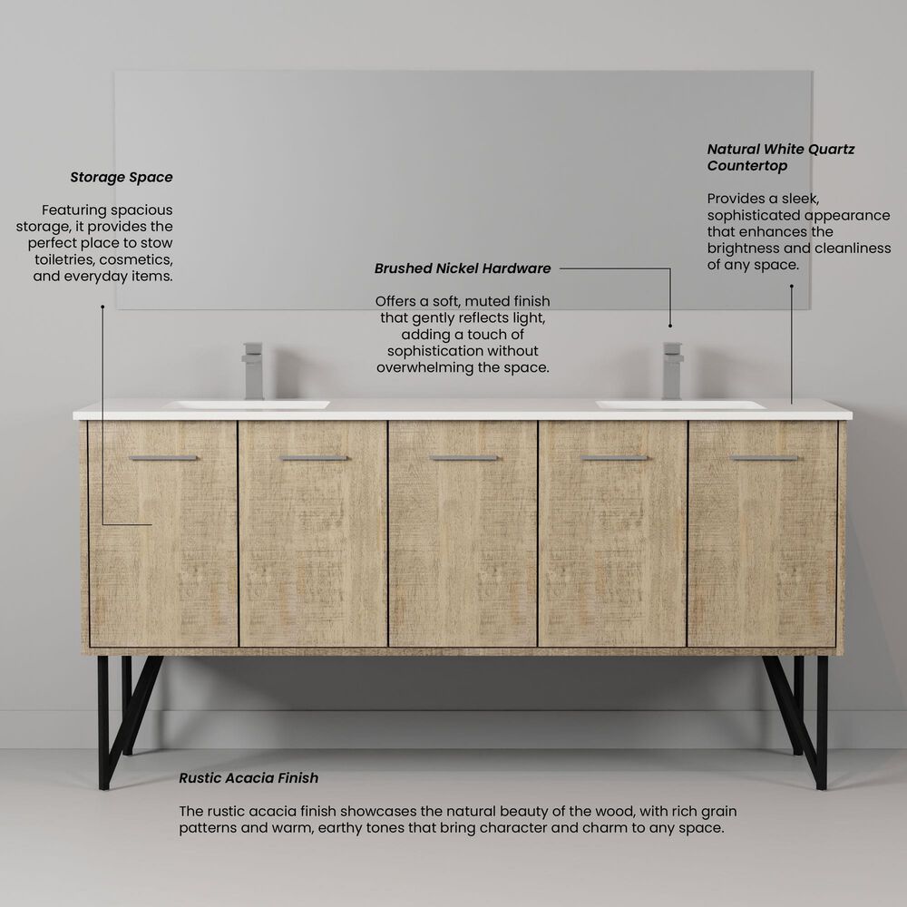 Lexora Home Lancy 72" Double Bathroom Vanity in Rustic Acacia with 2 cm White Quartz Top and Rectangular Sinks, , large