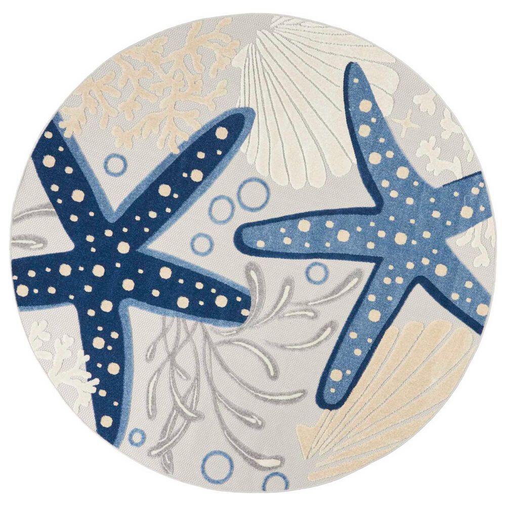 Nourison Aloha 7"10" Round Cool Grey, Blue, White and Ivory Indoor/Outdoor Area Rug, , large