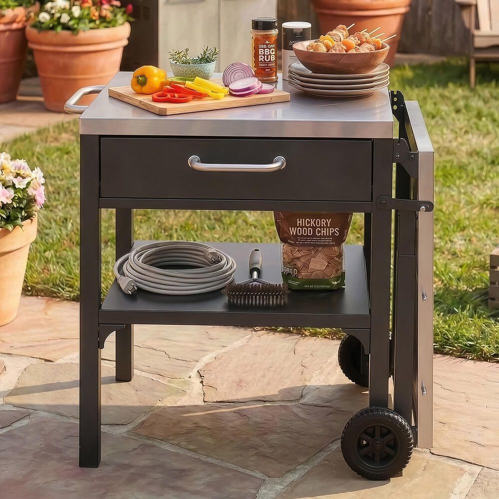 Hearth and Haven Outdoor Foldable Kitchen Cart with Side Table in Black, , large