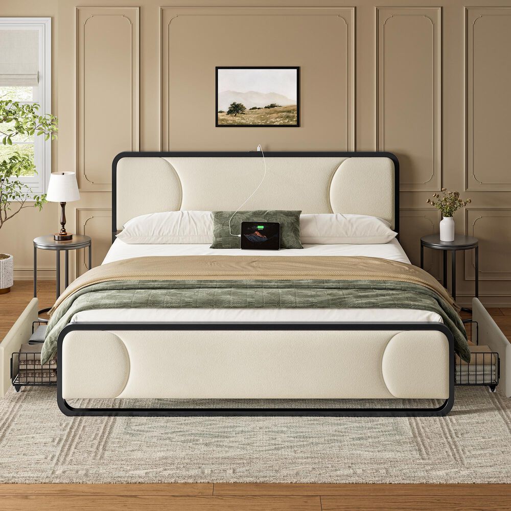 HOMLUX King Upholstered Platform Bed Frame in Beige, , large
