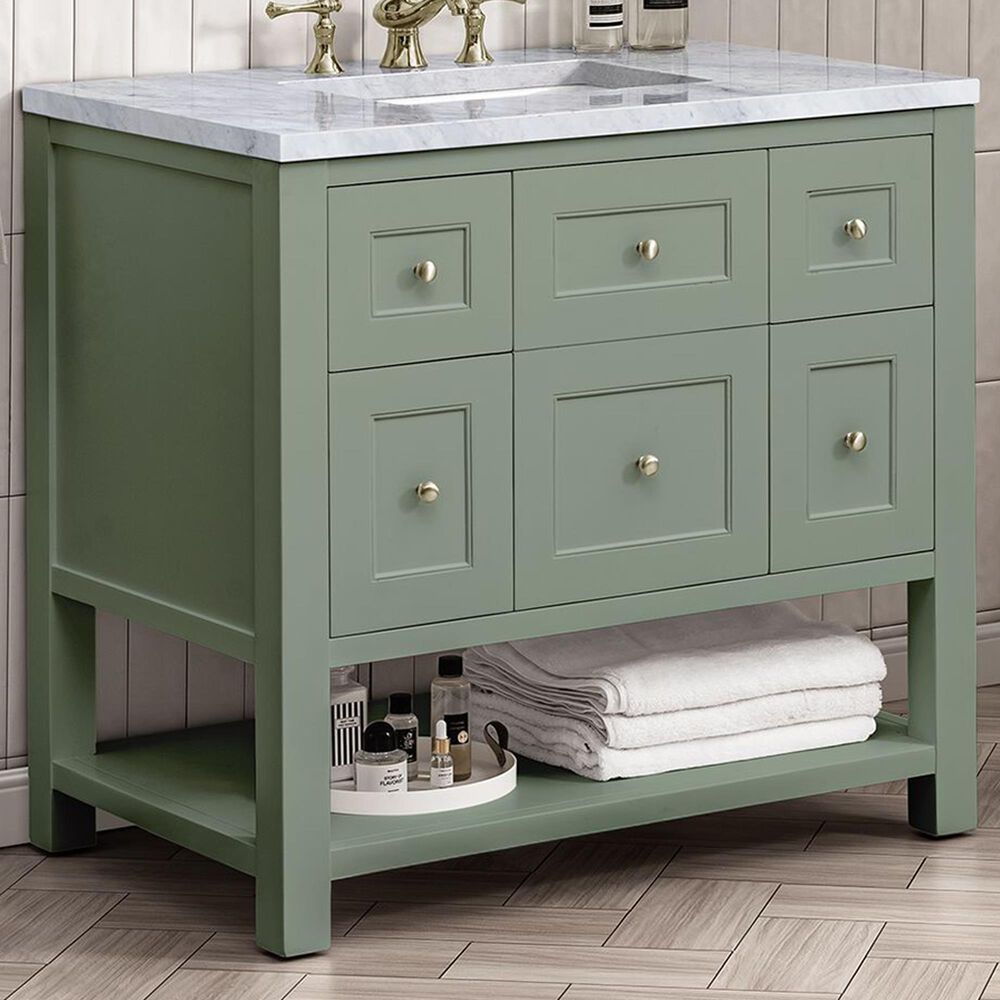 James Martin Vanities Breckenridge 36" Single Bathroom Vanity in Smokey Celadon with 3 cm Carrara White Marble Top and Rectangular Sink, , large