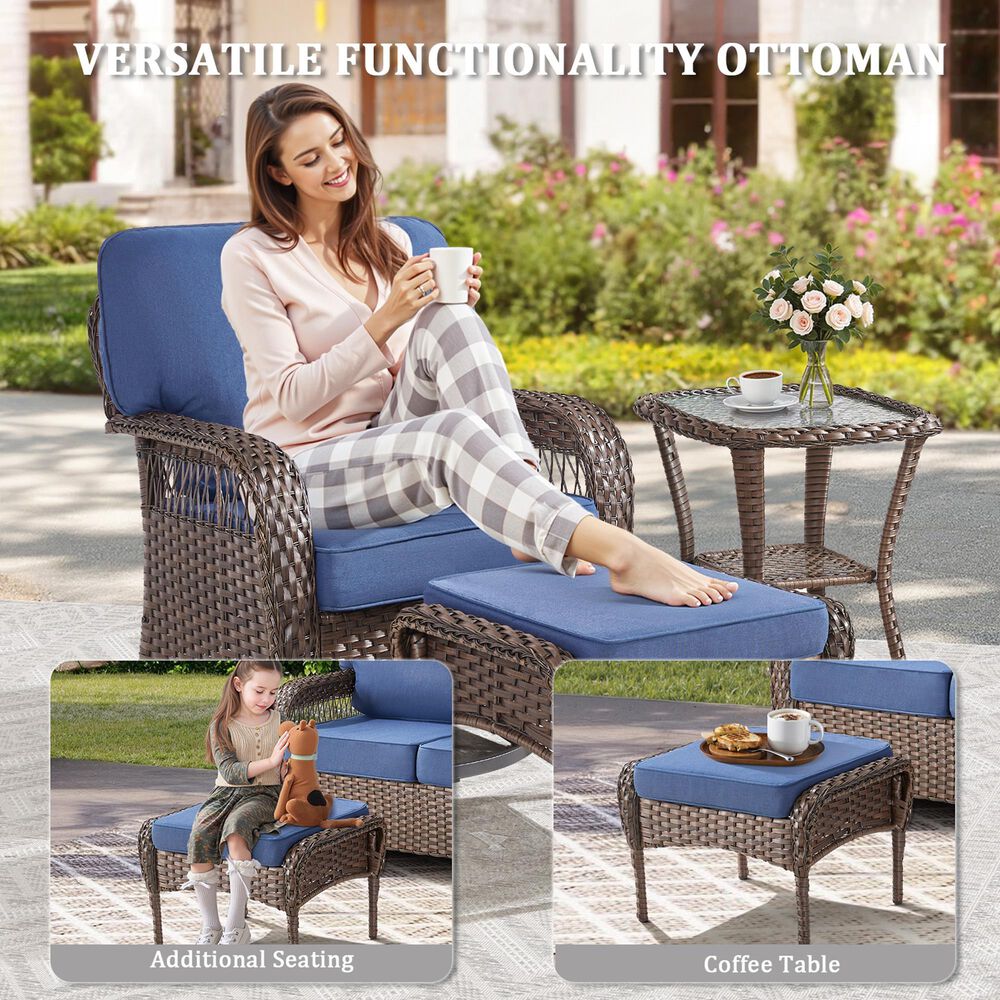 Hearth and Haven Patio Wicker Ottoman with Brown Rattan in Blue (Set of 2), , large