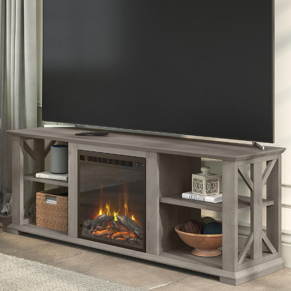 Bush Homestead 60 TV Stand with Electric Fireplace Insert in Driftwood  Gray | NFM