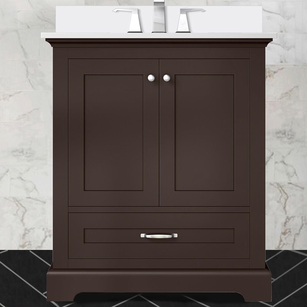 Lexora Home Dukes 30&quot; Single Bathroom Vanity in Espresso with 2 cm White Cultured Marble Top and Rectangular Sink, , large