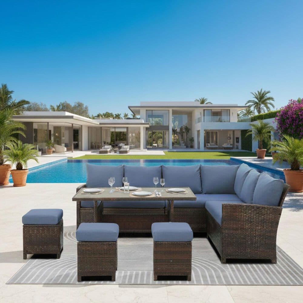 Hearth and Haven 7-Piece Outdoor Dining Set with Blue Cushion in Brown, , large