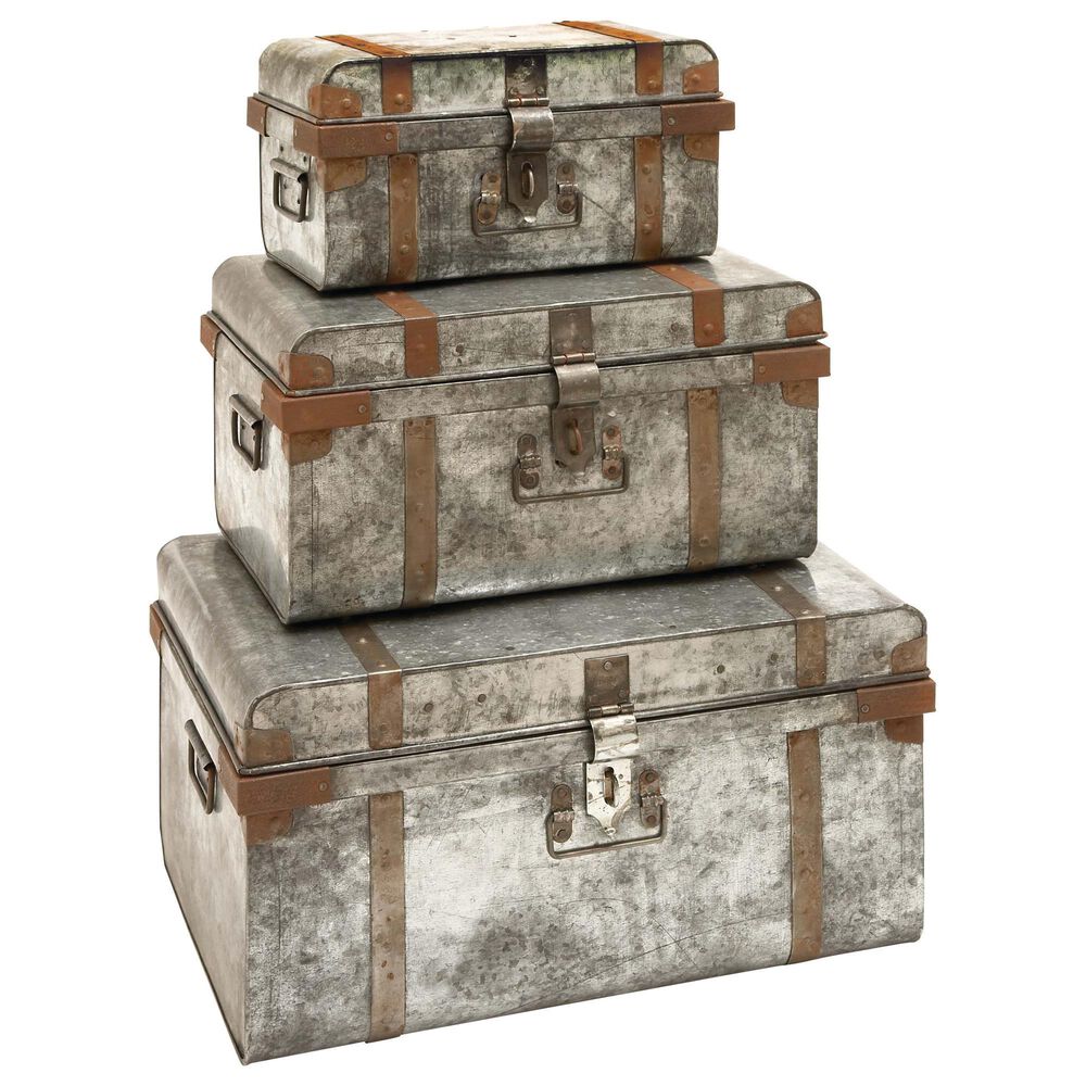 Maple and Jade Farmhouse Metal Trunk Silver Set of 3, , large