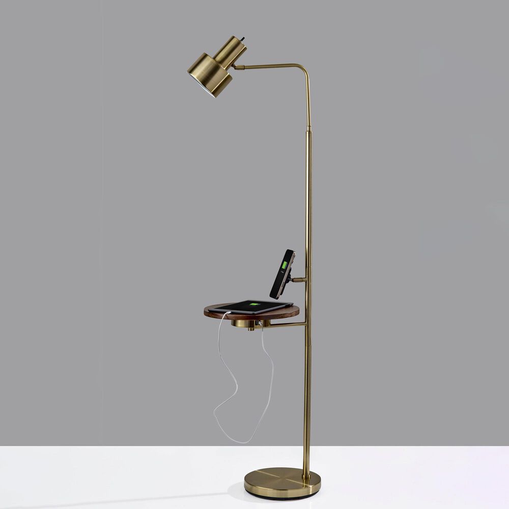 Adesso Wyatt Floor Lamp with Shelf and Wireless Charging in Antique Brass, , large
