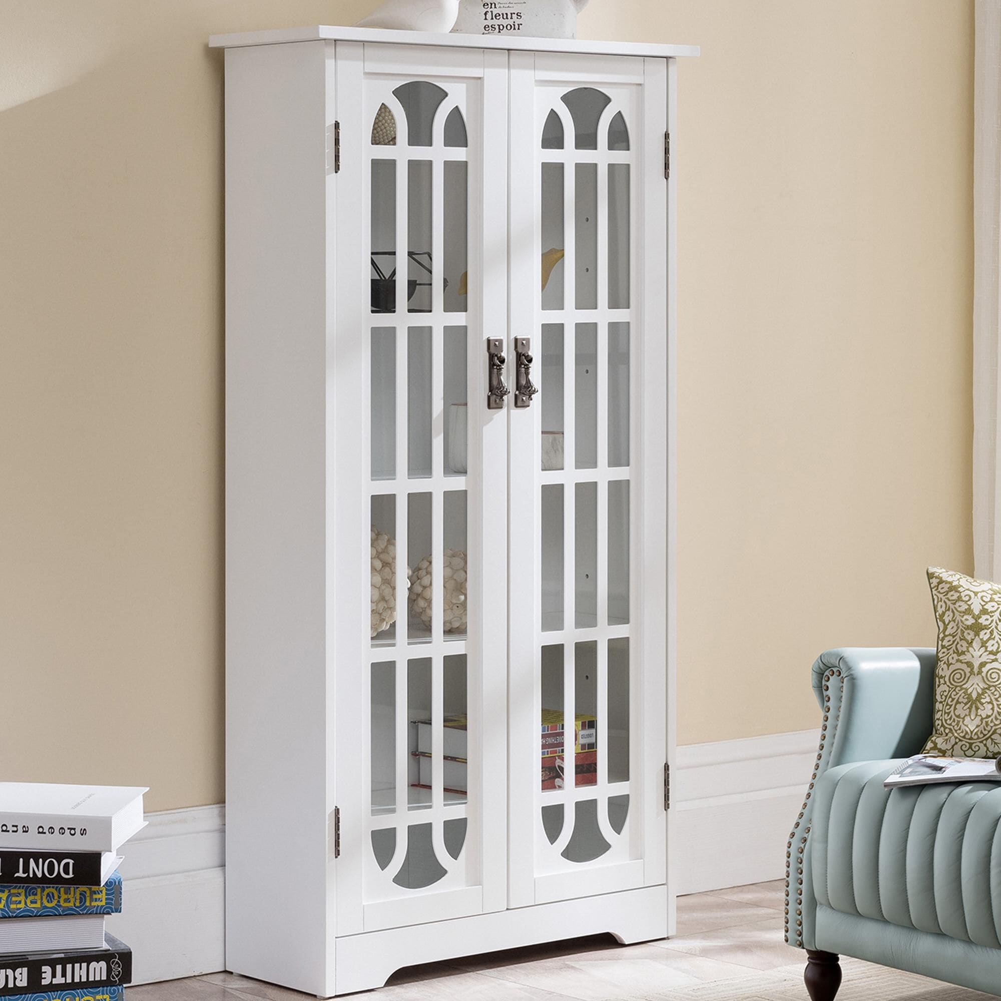 Southern Enterprises Display Cabinet in White and Antique Silver