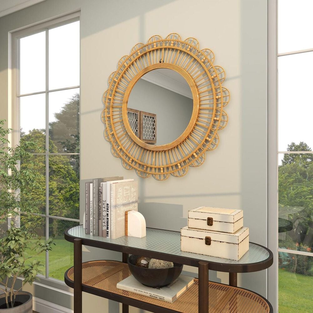 Maple and Jade 35&quot; Handmade Woven Floral Wall Mirror with Beaded Accents in Brown, , large
