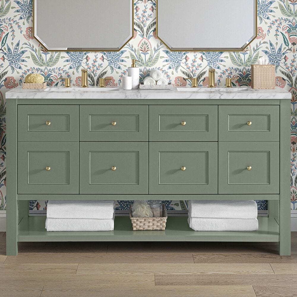 James Martin Vanities Breckenridge 60&quot; Double Bathroom Vanity in Smokey Celadon with 3 cm Carrara White Marble Top and Rectangular Sinks, , large