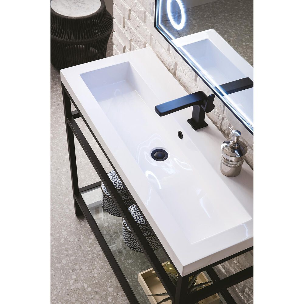 James Martin Vanities Boston 39.5&quot; Single Bathroom Vanity in Matte Black with 3 cm White Glossy Resin Countertop and Rectangular Sink, , large