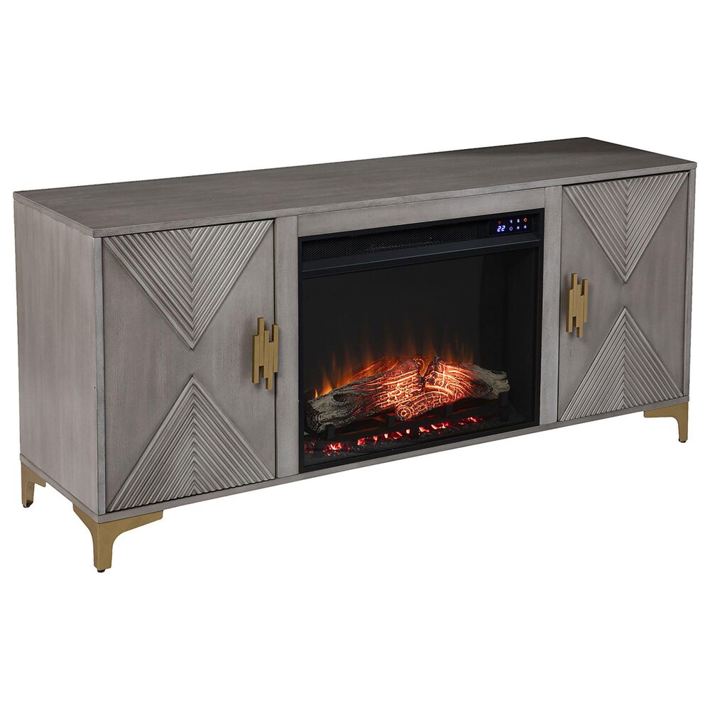 Southern Enterprises Lantara Electric 56" Fireplace with Media Storage in Graywashed and Gold, , large