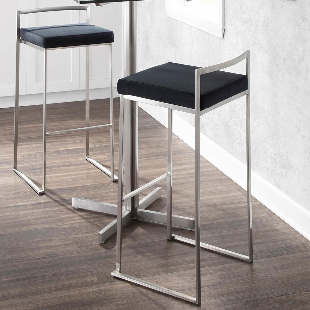 Lumisource Fuji Stackable Barstool with Black Velvet Cushion in Stainless Steel (Set of 2), , large