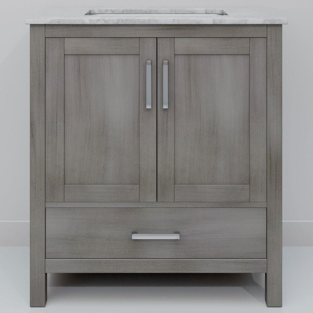 Lexora Home Jacques 30" Single Bathroom Vanity in Distressed Grey with 2 cm White Carrara Marble Top and Rectangular Sink, , large