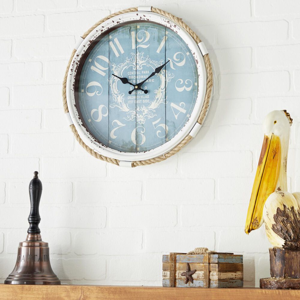 Maple and Jade 17&quot; Wall Clock in Distressed White and Blue, , large
