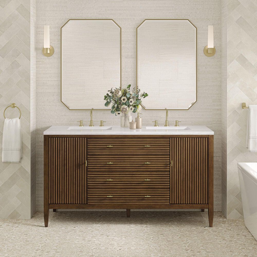 James Martin Vanities Myrrin 60&quot; Double Vanity in Mid Century Walnut with 3 cm Arctic Fall Solid Surface Top, , large