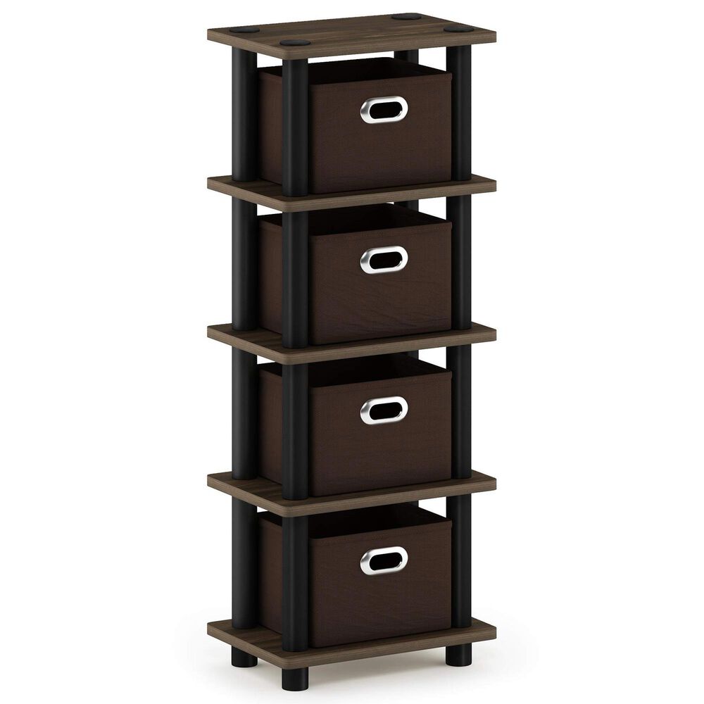 HOMLUX 5-Tier Tall Corner Open Bookshelf with 4 Storage Bins in Columbia Walnut and Black, , large