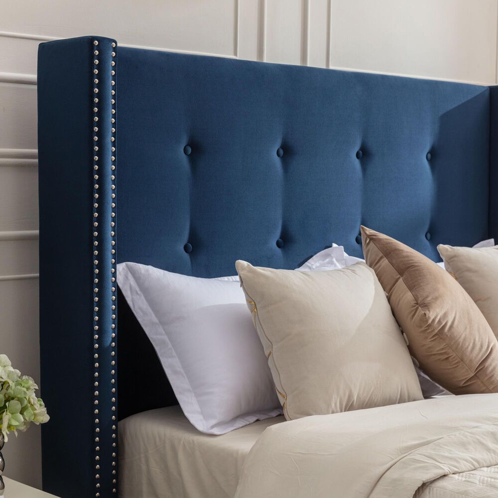 Hearth and Haven Peyton Queen Platform Bed with Blue Upholstery in Walnut, , large