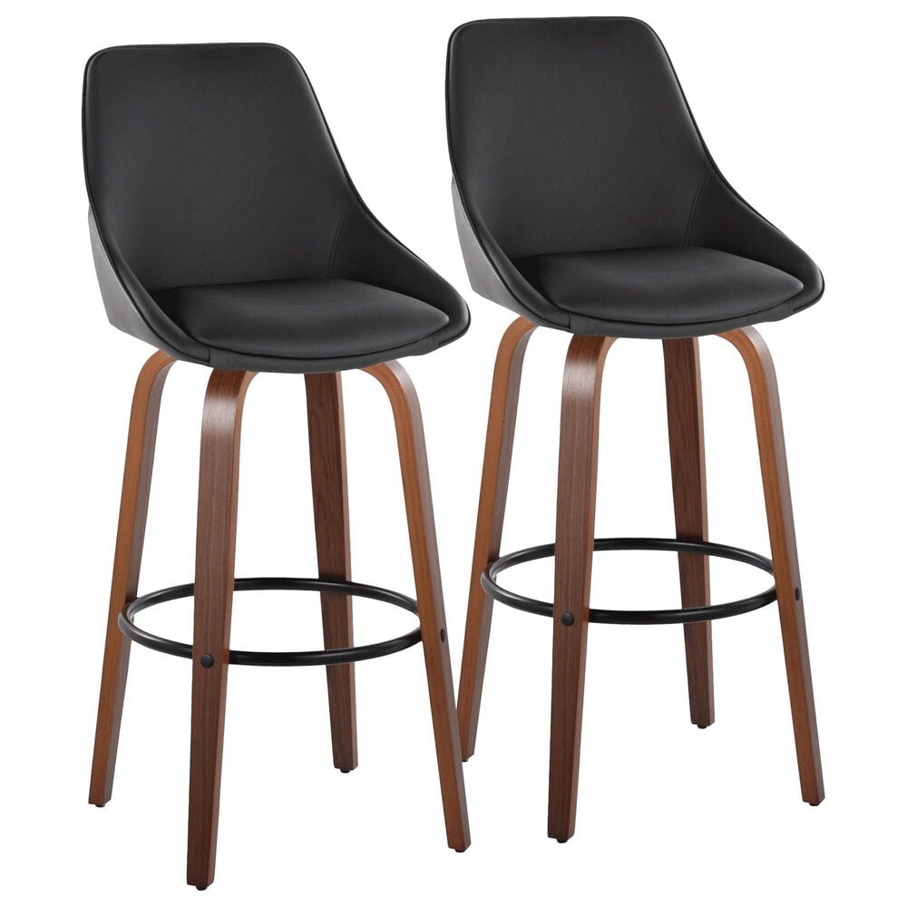LumiSource Diana 30" Swivel Barstool with Black Faux Leather Upholstery in Walnut and Black (Set of 2), , large