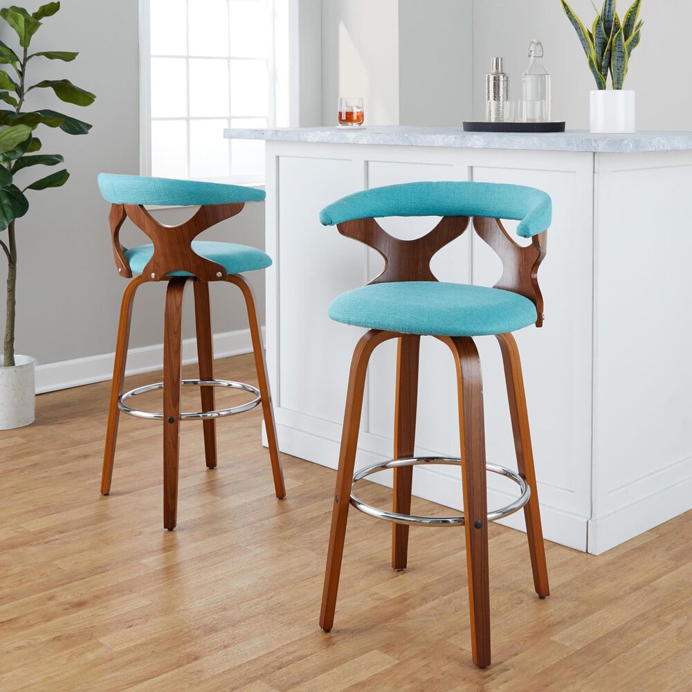 LumiSource Gardenia Swivel Fixed-Height Bar Stool with Teal Fabric Upholstery in Chrome and Walnut (Set of 2), , large