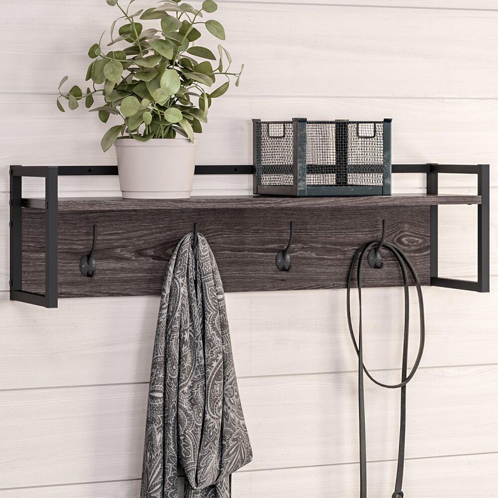 RiverRidge Home Afton 4-Hook Wall Shelf in Dark Weathered Woodgrain and Black, , large