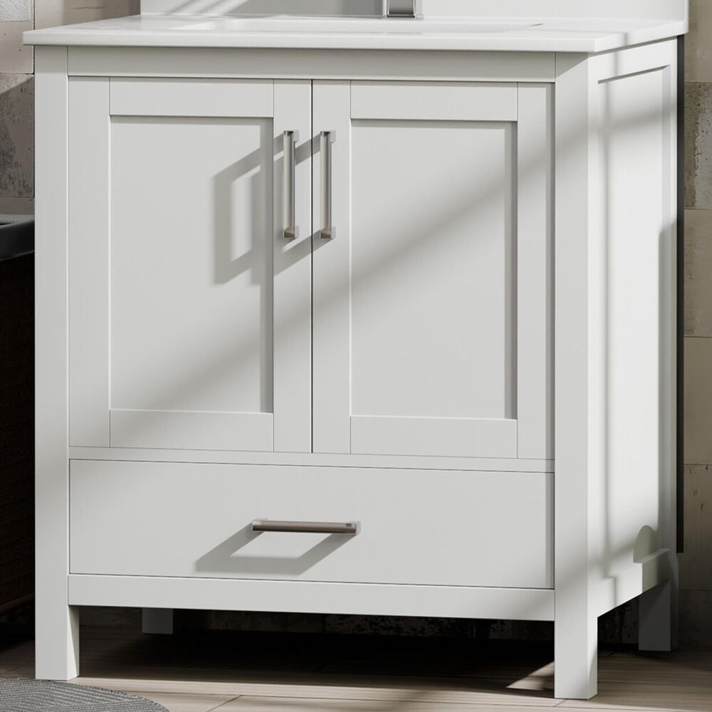 Lexora Home Jacques 30&quot; Single Bathroom Vanity in White with 2 cm White Cultured Marble Top and Rectangular Sink, , large
