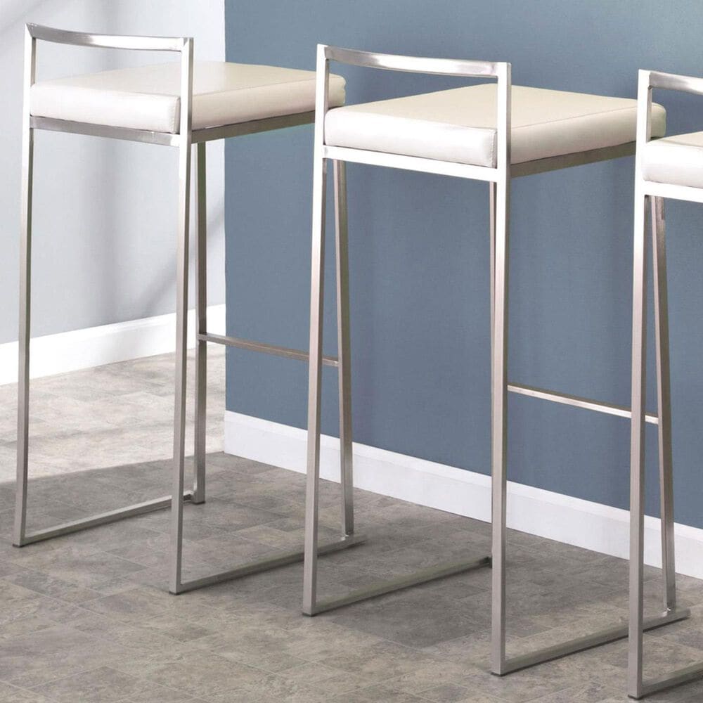 Lumisource Fuji Stackable Barstool with White Faux Leather in Brushed Stainless Steel &#40;Set of 2&#41;, , large