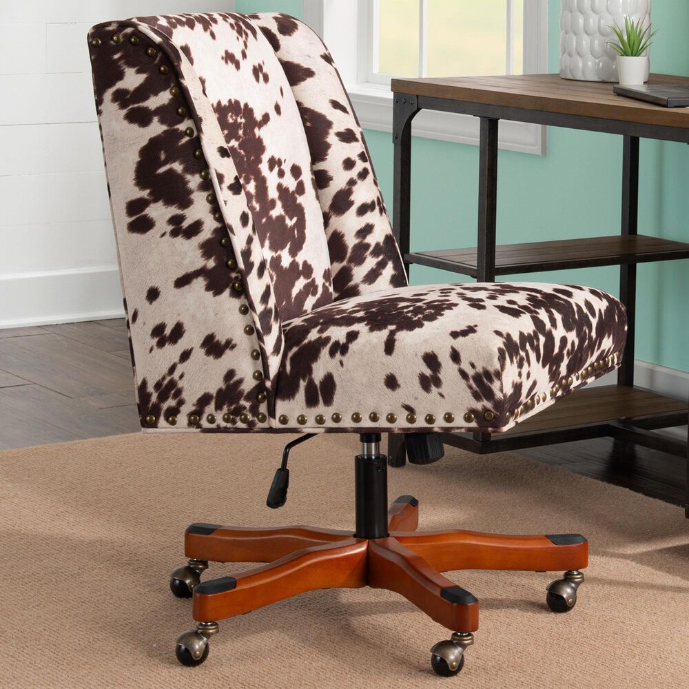Linon Home Decor Draper Office Chair with Brown and White Cow Cushion in Walnut, , large