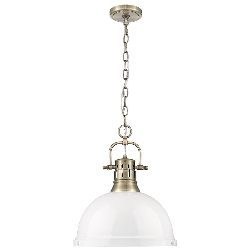 Golden Lighting Duncan 1-Light Pendant with Chain and White Shade in Aged Brass, , large