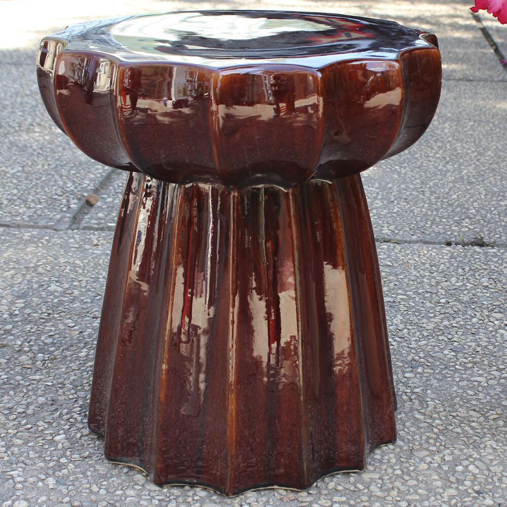 International Caravan Round Scalloped Ceramic Garden Stool in Brown Glaze, , large