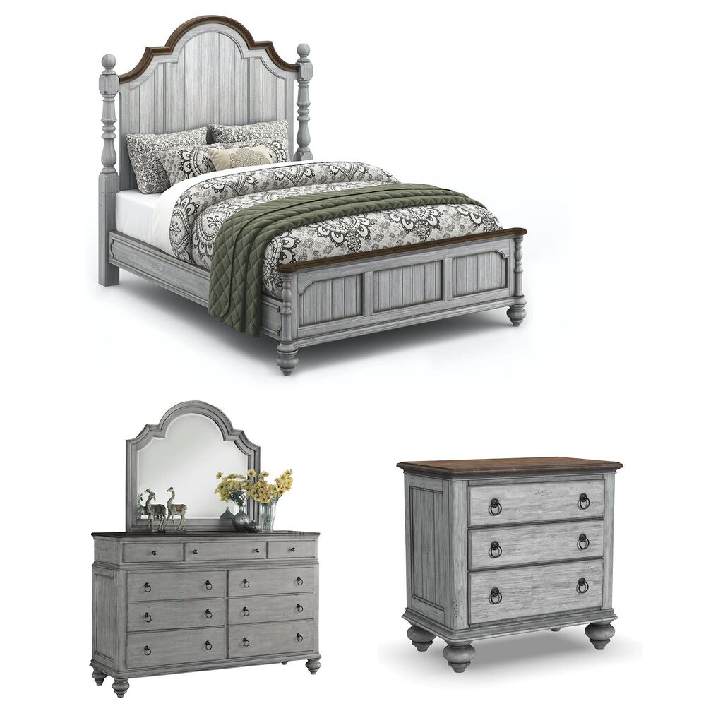 Flexsteel 4-Piece King Poster Bedroom Set in Distressed Gray and White, , large