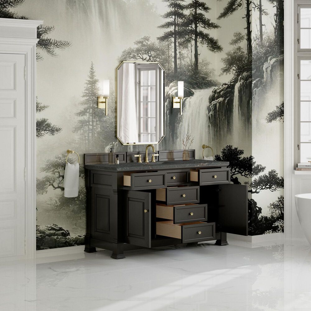 James Martin Vanities Brookfield 60" Single Bathroom Vanity in Black Onyx with 3 cm Parisien Bleu Quartz Top, Rectangle Sink and FreePower Wireless Charger, , large