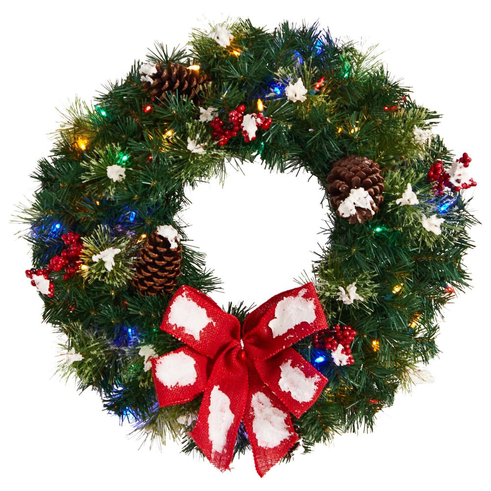 Nearly Natural Inc 24in. Snow Tipped Berry and Pinecone Artificial Wreath with Bow and 50 Multi-Colored LED Lights, , large