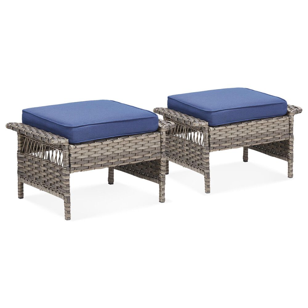 Hearth and Haven Patio Wicker Ottoman with Widened Armrest in Blue (Set of 2), , large