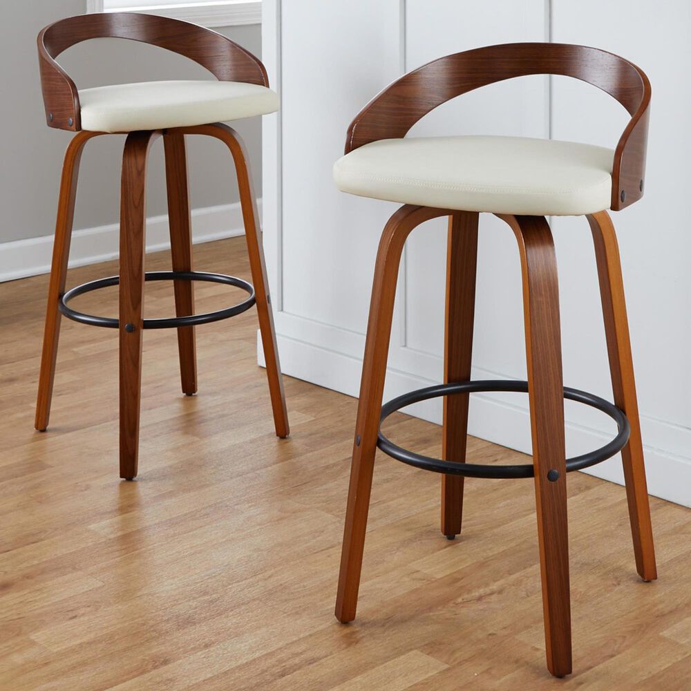 LumiSource Grotto 30" Swivel Barstool with Cream Faux Leather Upholstery in Walnut and Black (Set of 2), , large
