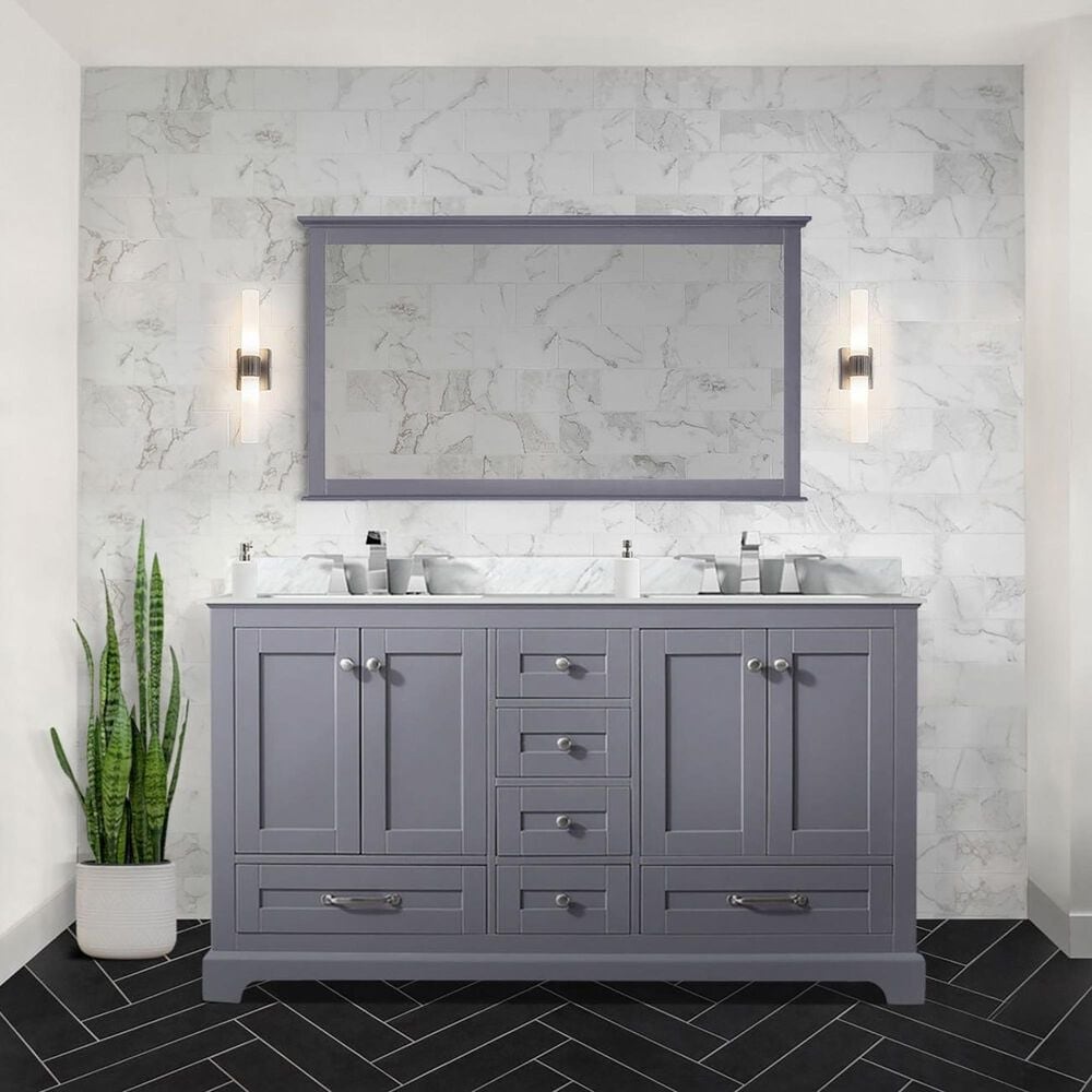 Lexora Home Dukes 60&quot; Double Bathroom Vanity in Dark Grey with White Carrara Marble Top, Rectangular Sinks and 58&quot; Mirror, , large