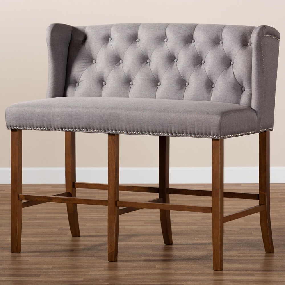 Baxton Studio Alira Bar Stool Bench with Grey Cushion in Walnut, , large
