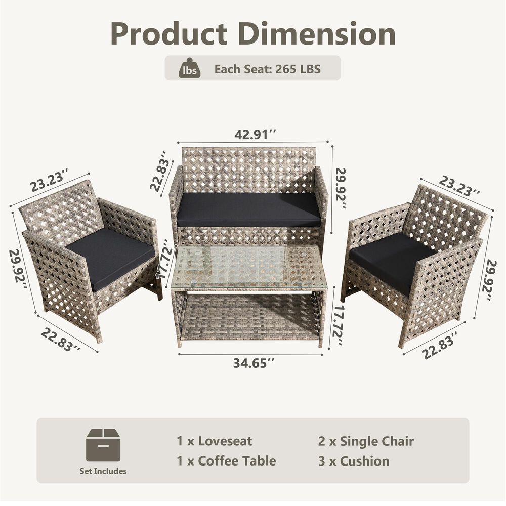 HOMLUX 4-Piece Patio Conversation Set in Black, , large