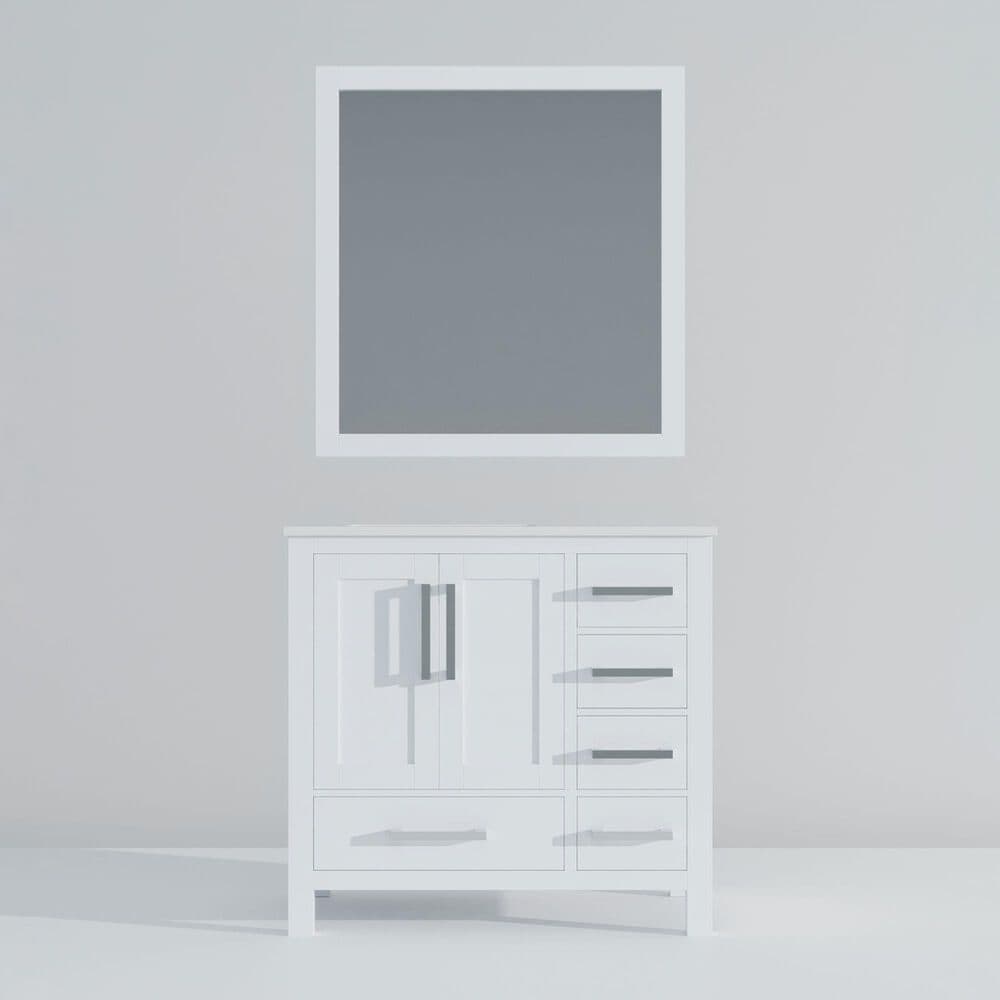 Lexora Home Jacques 36&quot; Left Offset Single Bathroom Vanity in Dark Grey with 2 cm White Quartz Top, Rectangular Sink and 34&quot; Mirror, , large