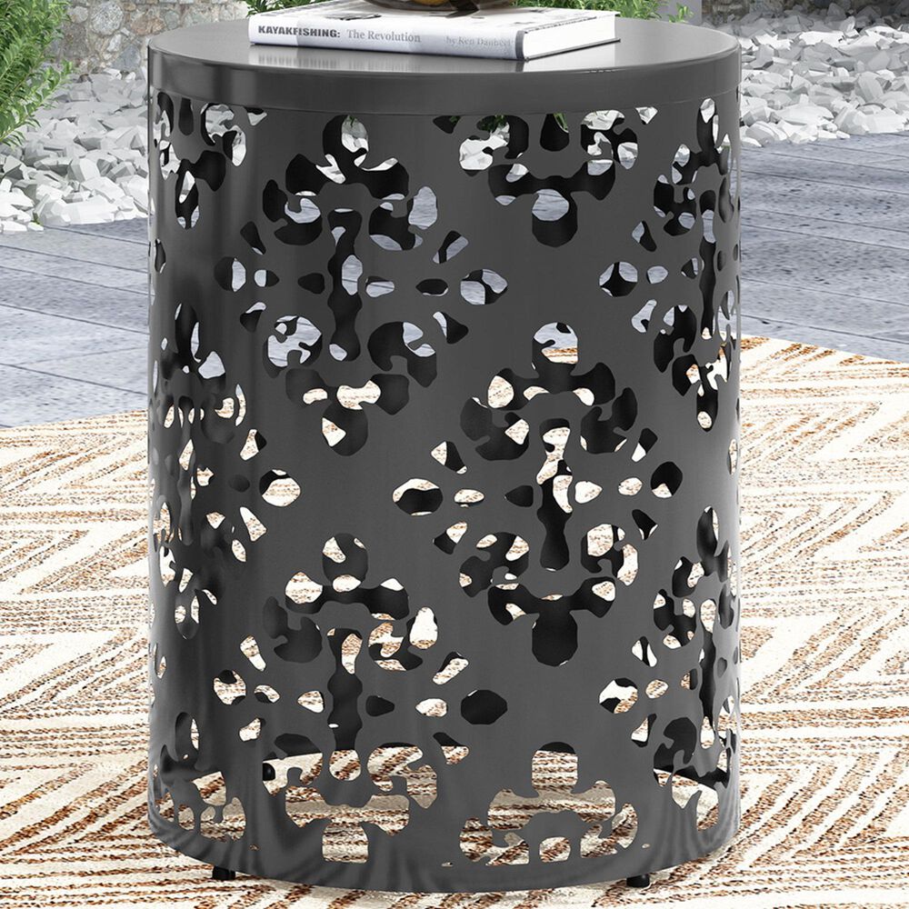Hearth and Haven Large Iron Patio End Table with Floral Pattern in Black, , large